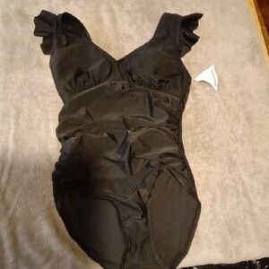 Classic Black One-Piece Swimsuit with Ruffled Straps